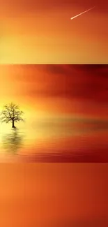 Mobile wallpaper of a vibrant sunset with a tree reflected on a tranquil lake.