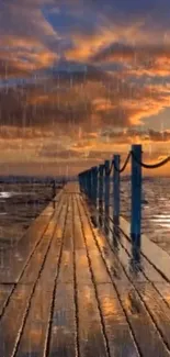 Serene sunset over a wooden pier with ocean reflections.