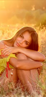 Woman in a sunlit meadow during sunset.