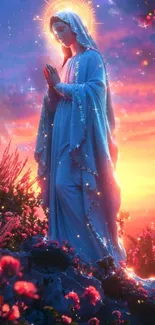 Beautiful angel praying in a vibrant sunset.