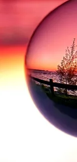 Sunset reflection in a glass sphere with vibrant seascape.