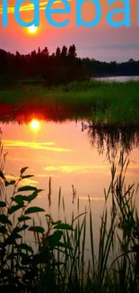 Serene sunset reflecting on a calm lake with silhouette of trees.