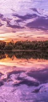 Serene sunset with purple hues reflecting on a tranquil lake.