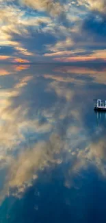 Serene sunset reflection over calm waters and a small boat.