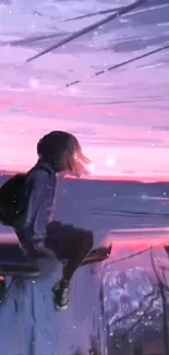 A girl sitting against a dreamy sunset sky reflected on water.