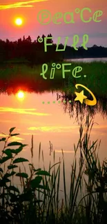 Serene lake sunset with nature reflection and peaceful life text.