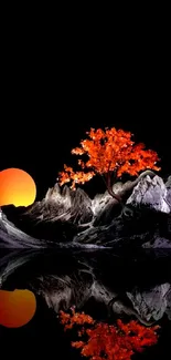 Orange sunset with a tree and mountain reflections on a serene black backdrop.