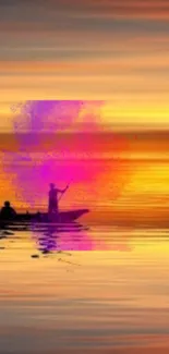 Silhouette of fishermen at sunset with vibrant reflections on water.