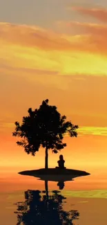 Tree silhouette on island with sunset reflections creating a serene ambiance.