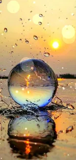 Sunset reflected in a water sphere with splashes.