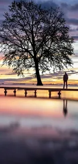 Silhouette of a tree and person at sunset on a calm lake.