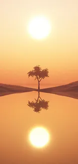 Serene sunset with tree reflection on water in a desert landscape.