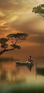 Serene sunset with boat and trees on a lake.