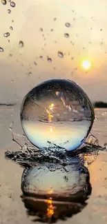 Reflective glass orb with sunset sky and water splash.