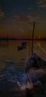 Serene river at sunset with boats and soft reflections.