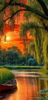 Serene sunset river scene with vivid colors and lush greenery.