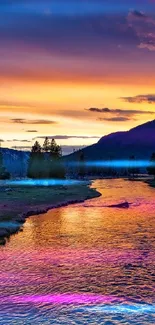 Sunset over a tranquil river with vibrant colors and a serene landscape.