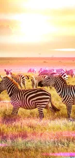 Zebra herd on a savanna with a golden sunset in the background.