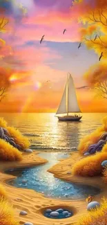 Sailboat at sunset amid vibrant, tranquil seascape.