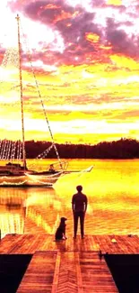 Sunset sailboat with person and dog on a dock.