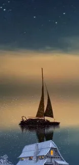 Serene sailboat on a calm sea during sunset with starry night sky.