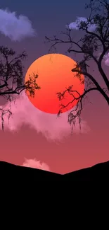 Silhouette of trees at sunset with a vibrant red sun.