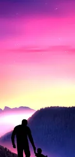 Mountain sunset silhouette wallpaper with vibrant pink sky.