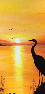 Silhouette of bird with sunset reflecting on tranquil water.