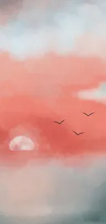 Watercolor sunset with clouds and birds on horizon.