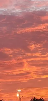 Vibrant orange sunset sky with clouds.