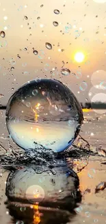 A reflective sphere with sunset and bubbles on a calm water surface.