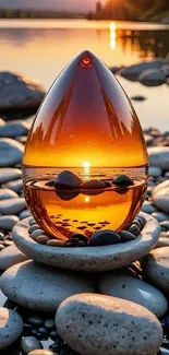 A sunset reflecting on stones creating a serene and tranquil scene.