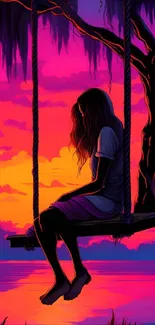 Silhouette of a person on a swing at sunset with vibrant orange and pink hues.