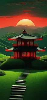 Temple at sunset with green hills and a vibrant red sky.