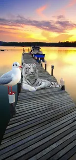 White tiger and seagull on pier at sunset with vivid colors.