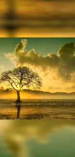 Serene sunset tree reflected in water.