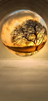 Sunset tree reflection in a spherical illusion, ideal for mobile wallpaper.