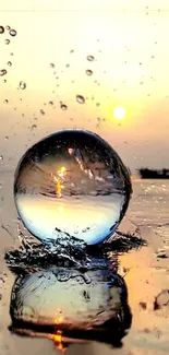 Reflective water sphere at sunset on mobile wallpaper.