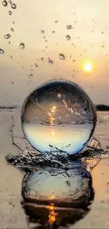 Water droplet reflecting a golden sunset over a calm lake.