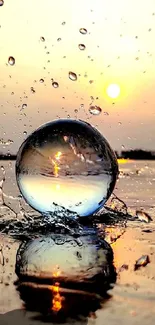 Crystal sphere reflecting golden sunset over calm water.