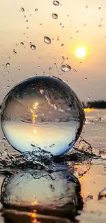 A crystal-clear water sphere with sunset backdrop.