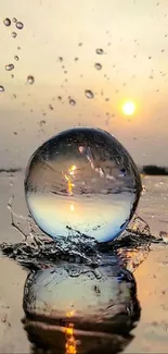 Sunset reflecting in a crystal water sphere with tranquil scenery.