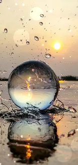 Sunset reflection on water with a crystal sphere capturing the serene beauty.