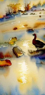 Watercolor sunset landscape with a silhouetted duck in vibrant colors.