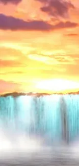 Stunning sunset over a cascading waterfall, creating a serene and tranquil scene.