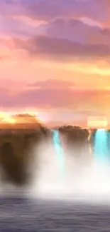 Serene waterfall at sunset with vibrant sky.