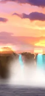 Stunning sunset with misty waterfalls and vibrant sky.