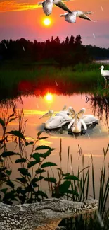 Wildlife at sunset with birds and crocodile by a serene lake scene.