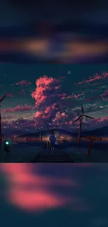 Vibrant sunset with windmills against a dark cyan and pink clouded sky.