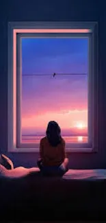 Silhouette sits by window at sunset with a serene view.